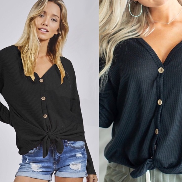 Tie Front Button Top, Black Long Sleeve Thermal - Picture 2 of 6